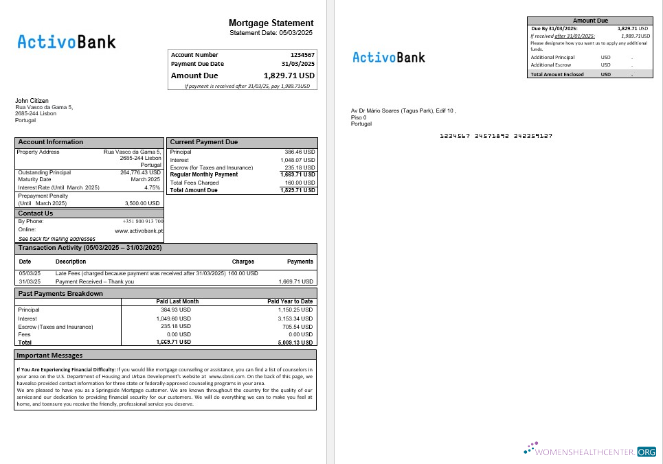 Download Portugal Activobank mortgage statement in Word and PDF formats Photoshop template